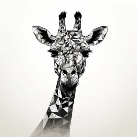 a white and black giraffe with a triangular head stands against a background inspired by multifaceted geometry. the matte drawing technique gives it a liquid metal appearance, while the strong facial expression and subtle shading add depth. the tasteful use of negative space and wire material create a visually captivating composition. ai generatedの素材