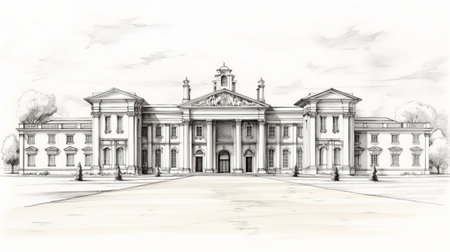 the image depicts a grand building with classical architectural details, featuring a realistic landscape in soft, tonal colors. this uhd image showcases the intricate and detailed environment of the structure, highlighting its anglocore style. a true masterpiece of architectural design. ai generatedの素材