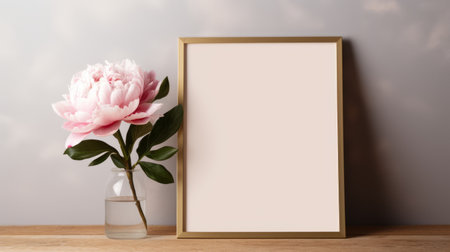 pink peony and white frame on a wooden table, featuring a dark gold and light beige color scheme. the minimalist background highlights the luminous 3d objects, showcasing the juxtaposition of mundane materials. this photo captures the expertise of an object portraiture specialist, with a touch of light gray and light gold tones. ai generatedの素材