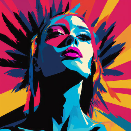 a vibrant digital illustration showcases a woman wearing a colorful dress, reminiscent of pop art color explosions. the artwork features a unique blend of feathers, intense lighting, and shadow, creating a visually striking composition. this illustration style draws inspiration from celebrity portraits, with a captivating combination of light black and magenta tones. ai generatedの素材