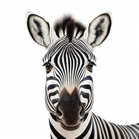 a zebra portrait close up with open eyes is captured on a white background, showcasing the artistic style of martin rak, mike campau, and alastair magnaldo. the image portrays playful characters with symmetrical asymmetry, captured using a medium format lens. the zebra's bold yet graceful presence is beautifully highlighted in this captivating photograph. ai generatedの素材