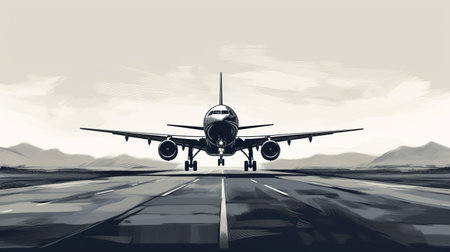 airport vector illustration featuring an airplane landing and taking off. this monochrome painting-style artwork showcases darkly detailed, bold, and large-scale canvases. captured with a high-quality photo and wide-angle lens, this illustration resembles oil portraitures. ai generatedの素材