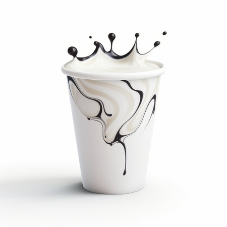 a photo of milk tea coffee, cream, and black splashed on a white background. the image is created in the style of unreal engine, with playful humor and a black-and-white color scheme. the free-flowing lines and loose paint application give it a unique and dynamic look. the details are so intricate that they can be easily missed at first glance, adding to the overall appeal.の素材