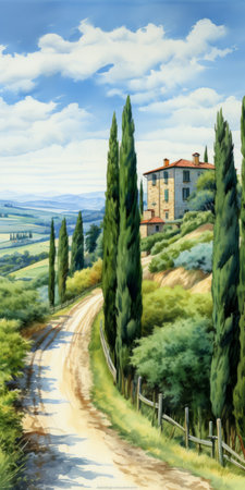 a mesmerizing reef artwork featuring a coastal road, cypress trees, a luxurious villa, and a brilliant blue sky. the dark green foliage of the trees contrasts beautifully with the sky, creating a serene and elegant atmosphere. this watercolor painting on textured paper captures the viewer's attention with its stunning details and inviting scenery. ai generatedの素材