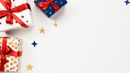 three vibrant boxes adorned with bows and stars are showcased in this photo. the boxes are isolated on a white background, creating a minimalist and clean aesthetic. the composition is scattered, reminiscent of the style of pieter brueghel the younger. this image captures the essence of happenings and is reminiscent of animated gifs. ai generatedの素材