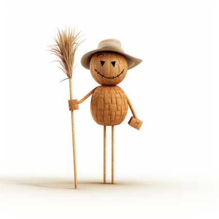 a farm scarecrow on a stick, depicted in a simple and minimalistic style reminiscent of childbook drawings. the soft and rounded forms give it a charming appeal. this 32k uhd photograph by oscar dominguez captures the essence of the scarecrow. it is isolated on a white background, making it stand out. ai generatedの素材