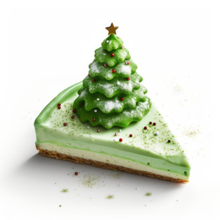 a green christmas tree dessert, created in the style of a photorealistic rendering by pierre pellegrini. captured using a fujifilm x100v camera, the soft mist effect adds a dreamy touch to the image. the white background enhances the vibrant colors of the multi-layered dessert recipe by toms barcel. ai generatedの素材