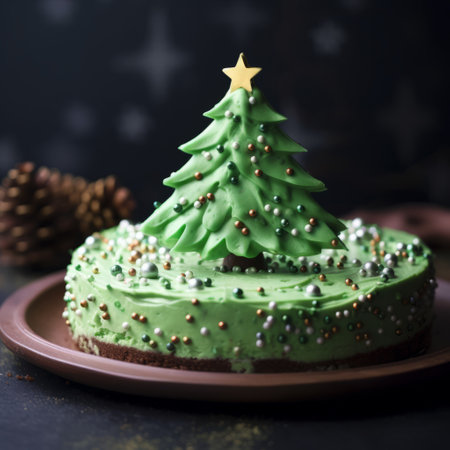 a green christmas cake adorned with a pine tree design, showcasing the artistic style of the tokina at-x 11-16mm f/2.8 pro dx ii lens. this uhd image captures the innovative techniques used to create the cake's intricate details. the combination of light maroon and light green colors adds an eye-catching touch. shot at iso 200, this skillfully crafted cake is a true visual delight. aiの素材