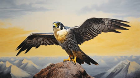 a parrot, resembling the style of peregrine heathcote's hyperrealistic wildlife portraits, is seen perched on a rock amidst a breathtaking mountain scenery. the monumental mural captures the parrot's vibrant colors against a backdrop of light yellow and dark gray. this captivating image, a contest winner, exudes a dynamic and action-packed vibe, reminiscent of angus mckie's artistic style. ai generatedの素材