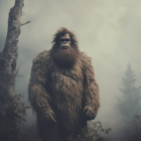 a bigfoot, captured in the misty woods, stands tall next to towering trees. the photo showcases a detailed costume, with a smokey background adding to the atmosphere. the bigfoot's strong facial expression is highlighted, while minimal retouching maintains the authenticity. shot with a konica big mini, this furry art piece captures the essence of this legendary creature. ai generatedの素材