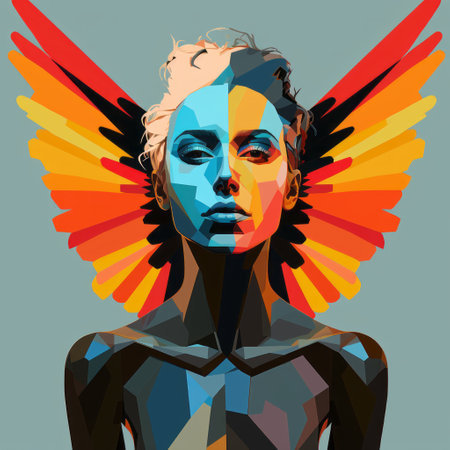 the artwork showcases a woman's face with vibrant colors, featuring a graphic symmetry style. the sky-blue and amber tones create a split-toning effect, while brightly colored birds add a lively touch. the use of intense light and shadow enhances the visual impact. the artwork also incorporates elements of low poly and pop art icons. ai generatedの素材