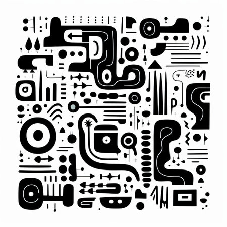 a photo showcasing a collection of black and white geometric shapes, reminiscent of organic biomorphic forms. the artwork draws inspiration from artists like petros afshar and mr. doodle, combining digital and manual techniques. the simplistic characters and abstracted grotesqueries create a unique and technological art piece. ai generatedの素材