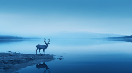 an adult deer stands gracefully at the edge of a serene lake, surrounded by minimalist backgrounds in shades of dark sky-blue and aquamarine. this uhd image captures the ethereal beauty of dreamscapes, with a monochromatic harmony that is both soothing and captivating. the nature-inspired installations create a sense of tranquility, while the sky-blue and white hues add a touch of serenity to the scene. aiの素材