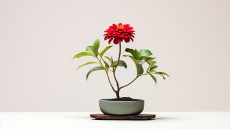 a small bright red flower sits delicately in a minimalist ceramic bowl, adding a pop of color to the living room area. captured with the high-quality tokina at-x 11-16mm f/2.8 pro dx ii lens, this photo showcases the graceful balance between the light red petals and the surrounding greenery. a perfect representation of angura kei style. ai generatedの素材