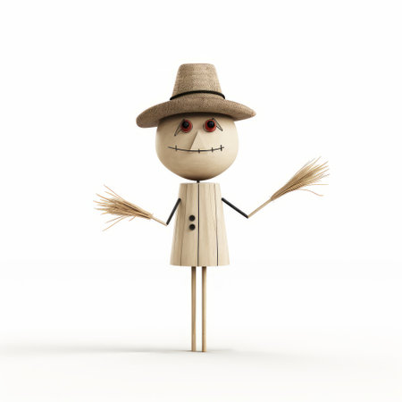 a farm scarecrow on a stick, depicted in a simple and minimalistic style reminiscent of a child's book drawing. the soft and rounded forms give it a charming appeal. this 32k uhd photograph by oscar dominguez captures the essence of the scarecrow. it is isolated on a white background, making it stand out. ai generatedの素材