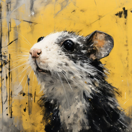 the painting depicts a black and white rat with a yellow and bronze color scheme. the artwork showcases a depth of field and textured splashes, resulting in hyper-realistic portraits. the piece captures the playful innocence of the rat, creating a characterful animal portrait with splattered paint. ai generatedの素材