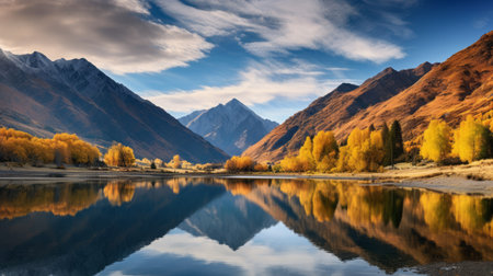 a serene lake nestled amidst vibrant autumn-colored elm trees, reflecting their beauty on the calm water's surface. this tranquil mountain scene captures the essence of serenity and appreciation for nature's fall splendor. bathed in soft, warm golden hour light, the image showcases the mountain's majestic presence. ai generatedの素材