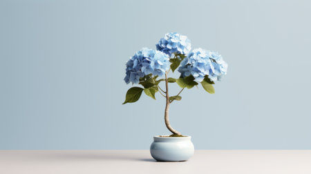 a hydrangea flower sits gracefully in a blue vase against a serene blue background. this minimalistic japanese-inspired photo showcases the beauty of nature with an eco-friendly touch. crafted with precision using physically based rendering, it captures the essence of nature-inspired installations. the earth tone color palette adds a soothing touch to this stunning image, created with the powerful unreal engine 5. ai generatedの素材