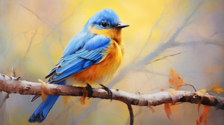 blue bird perched on a branch during autumn, captured in the style of a realistic portrait painter. this digital artwork showcases the precisionist techniques of light orange and yellow hues, reminiscent of landscape realism. the artist's mastery of oil painting and marine themes is evident in this stunning piece. ai generatedの素材