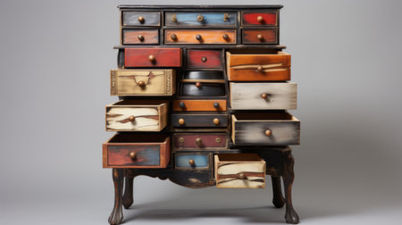antique-looking drawers on a pedestal, showcasing colorful absurdism, deconstructed minimalism, and disfigured forms. dark, foreboding colors add to the thought-provoking nature of this scattered composition, creating a deconstructive aesthetic. ai generatedの素材