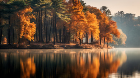 a serene lake in a forest, surrounded by vibrant oak trees in full autumn splendor. the calm water reflects the vibrant colors of the trees, creating a tranquil scene that captures the beauty of nature during the fall season. shot during golden hour, the soft, warm light illuminates the forest, adding to the overall serenity of the image. ai generatedの素材
