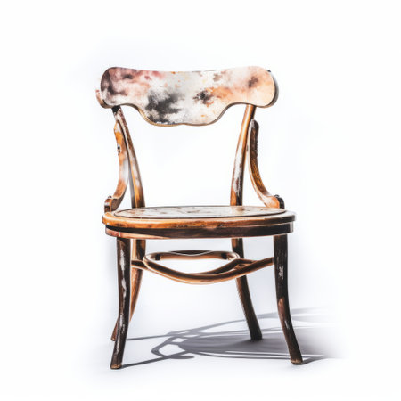 an antique, old-fashioned chair is showcased on a white wooden background, reminiscent of the artistic style of marilyn minter, ernest zacharevic, and scarlett hooft graafland. the chair exudes a burned and charred appearance, while the white background enhances its iridescent and structural symmetry. ai generatedの素材