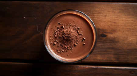 an iced chocolate smoothie sits on a wooden surface, adorned with chocolate powder. this visually striking image captures the essence of bold colorism, reminiscent of germaine dulac's artistic style. shot with a macro lens, the terracotta tones and rounded shapes create an organic and captivating composition. enjoy the high-definition quality of this visually appealing photograph. ai generatedの素材