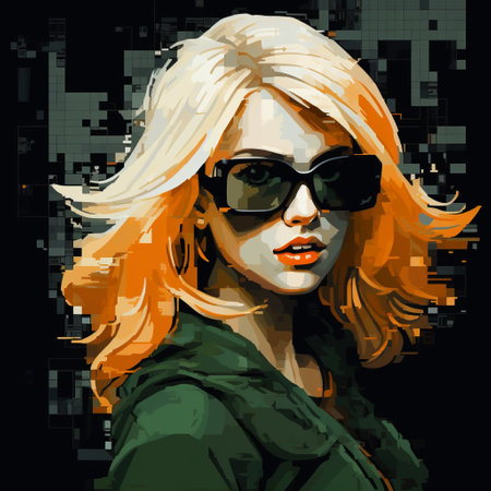 a pixelated abstraction portrait of a stunning blonde woman wearing sunglasses, with vibrant red hair resembling an apple. this artwork, inspired by the style of mike deodato, showcases a combination of light orange and dark green tones. the 2d game art aesthetic is enhanced by the use of chiaroscuro portraitures and a grid-based composition, reminiscent of ashley wood's work. ai generatedの素材