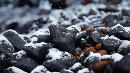 a close-up photo of snow with a godly realistic touch, showcasing the photo realism and vibrant colors of the rocks. the brittle yet beautiful texture of the snow is captured in an elegant and dry manner. the image exhibits rich and vivid contrast, with a depth of field that emphasizes the black tones. shot on a 100mm lens with an aperture of f/2.0, the naturalの素材