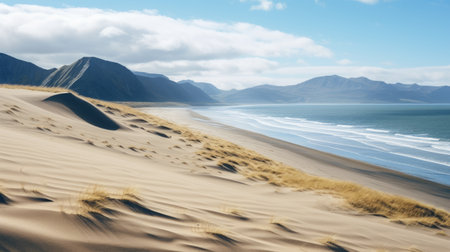 sandy beach landscape with mountains and mountains on the horizon, capturing the essence of norwegian nature. this stunning photo, taken with the zeiss batis 18mm f2.8 lens, showcases delicately rendered landscapes in light navy and beige tones. a captivating national geographic photo, it evokes atmospheric scenes reminiscent of maori art. ai generatedの素材