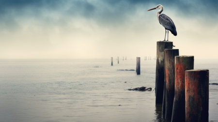 grey bird perched on a post by the ocean, captured in the gauzy atmospheric style of serene maritime themes. this photo, reminiscent of american tonalism, showcases a spectacular backdrop. with a found-object-centric composition, it exudes a sense of majesty in the tranquil setting of majestic ports. discover this captivating image on flickr. ai generatedの素材