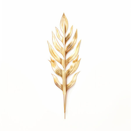 gold leaf is showcased on a white floor, embodying the essence of conceptual minimalist sculpture. the intricate rendering of feathers adds depth to this art nouveau-inspired piece, reminiscent of exquisite metalwork jewelry. captured by signe vilstrup, the image exudes tropical symbolism against a pristine white background. ai generatedの素材