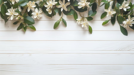 a white wooden background serves as the canvas for a captivating display of orange flower petals. the intricate foliage design creates horizontal stripes, adding a touch of pristine naturalism to the composition. symmetrical arrangements and lively tableaus evoke the snapshot aesthetic, while the light beige and green hues enhance the overall appeal. ai generatedの素材