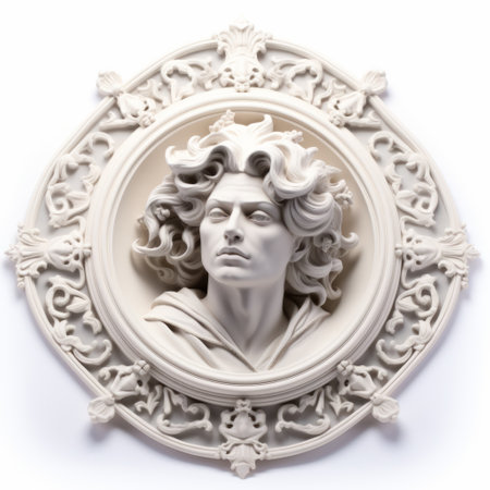 marble relief lithograph featuring a woman in a purple dress, showcasing the ornate and dramatic style of baroque compositions. this wall sculpture and installation, created by kris knight and noah bradley, captures the essence of a self-portrait. the tondo format and ivory material add a touch of elegance to this captivating artwork. ai generatedの素材