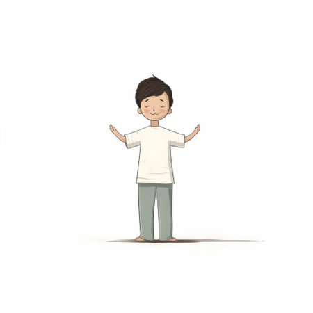 a happy little boy stands on the right side of the portrait, depicted in a minimalist cartooning style. this artwork draws inspiration from indonesian art, traditional animation, and the works of maya lin. the boy appears slumped and draped, resembling editorial illustrations. the color palette is light, featuring shades of white and brown. ai generatedの素材