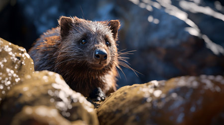 a quokka, a small marsupial mammal, is captured in a godly realistic close-up photograph. the photo showcases the vibrant contrast of the quokka's fur against the colourful rocks in the background. shot with a 100mm lens at f/2.0, the image displays impressive depth of field and crisp details. the natural lighting enhances the quokka's elegant and beautiful features, while the black tones add a touchの素材