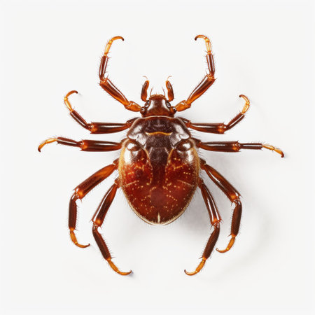 a black tawny sidekick spider, reminiscent of matthias jung's style, is captured on a clean white background. the spider showcases a striking combination of light maroon and orange hues. the photograph features minimal retouching, highlighting the spider's glazed surfaces. with high speed sync, layered imagery, and subtle irony, the image boasts explosive pigmentation. ai generatedの素材