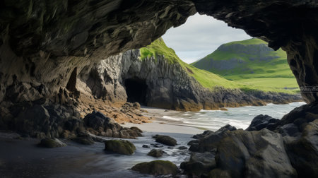 enormous cave on iceland island, showcasing stunning coastal scenery. this uhd image captures the beauty of scottish landscapes, with a touch of mallgoth aesthetic. the lively coastal landscapes resemble the style of whistlerian paintings, creating a nature-inspired imagery that is both captivating and mesmerizing. ai generatedの素材