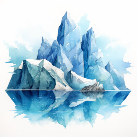 an icy landscape featuring multifaceted geometry and thick paint layers, resembling watercolor illustrations. the hyper-realistic animal illustrations and traditional oceanic art add depth to the scene. the reflections on the ice and water create a captivating visual effect. ai generatedの素材