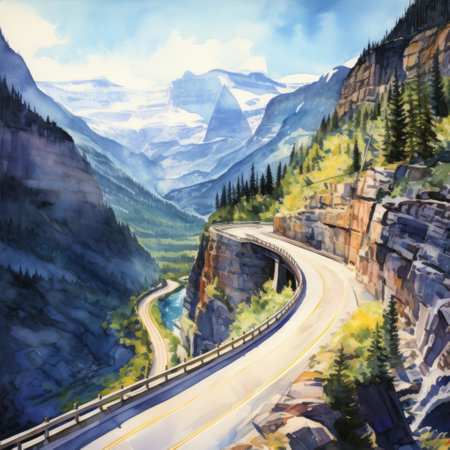 a winding road cuts through a mountainous area, resembling the precise and detailed architecture paintings of alex ross. the vibrant watercolor technique brings out the monumental vistas, creating a whistlerian atmosphere. the hyperrealistic murals capture every intricate detail of the landscape, resulting in high-detailed artwork. ai generatedの素材