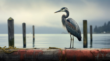 blue bird in icy water, captured in the style of dark and gritty cityscapes, showcasing captivating harbor views. the photograph features dark, muted colors and was taken with a 20-megapixel camera, resulting in a highly detailed image. it beautifully portrays the bird's realistic portrait, blending elements of industrial photography with tropical symbolism. ai generatedの素材