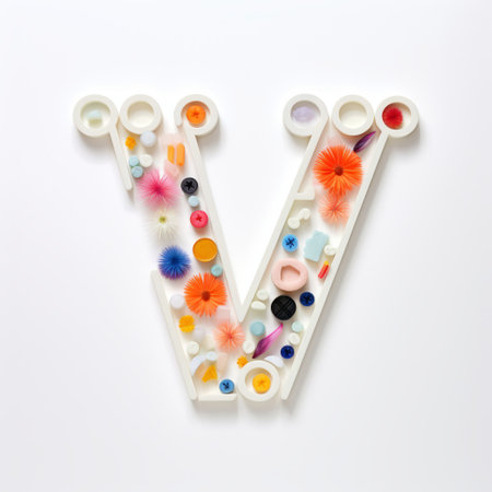 a colorful flower alphabet letter with green leaves, resembling the vibrant style of fujifilm velvia. the visually tactile surfaces and found objects create a captivating composition. the use of kodak vision3 film adds depth to the image. this eye-catching resin jewelry piece was created at yale university school of art and is showcased against a clean white background. ai generatedの素材