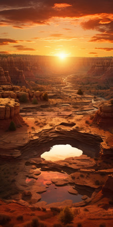 a serene and symmetrical canyon landscape at sunset, featuring a mound, trees, and water. this 32k uhd photo captures the beauty of traditional british landscapes, reminiscent of national geographic's stunning imagery. inspired by the time period between 1000-1400 ce, this photo exudes a calm and tranquil ambiance. ai generatedの素材