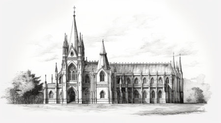 an old drawing of a countryside church showcasing gothic architecture and classical symmetry. rendered in the style of perspective rendering, this detailed artwork captures the essence of the school of london. the use of marble, along with the dark white and gray tones, adds a touch of elegance to the overall composition. the background elements further enhance the nostalgic charm of this vintage illustration. aiの素材