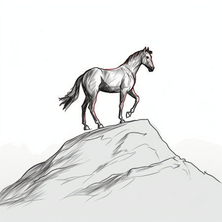 hand-drawn tutorial: learn to draw a horse on a rock in a gothic style. this step-by-step tutorial features accurate topography and depicts a psychological phenomena illustration. the mountainous vistas and light gray tones add depth to the artwork, reminiscent of aristocracy. ai generatedの素材