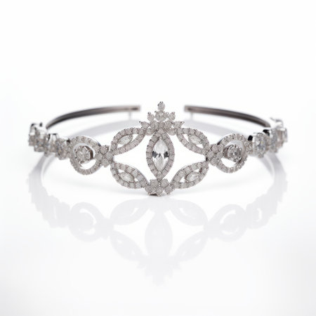 a white diamond and pearl crown headband, featuring ornate designs and curvilinear shapes, is showcased in this monochrome-toned photograph. the high-key lighting enhances its elegance, while the distinct framing and white background add a touch of sophistication. this 32k uhd image captures the intricate details of the headband, making it a stunning accessory for any occasion. ai generatedの素材
