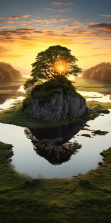 a serene and symmetrical karst landscape at sunset, featuring a mound, trees, and water. this 32k uhd photo captures the beauty of traditional british landscapes, reminiscent of national geographic's stunning imagery. inspired by the time period between 1000-1400 ce, this photo exudes a calm and tranquil ambiance. ai generatedの素材