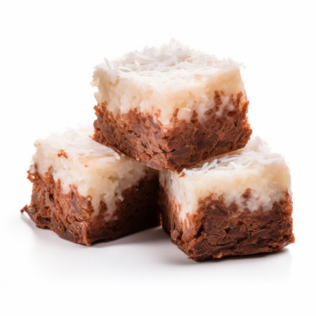 coconut chocolate bars with coconut butter icing resembling ice cream on a white background. this macro photograph, taken with a graflex speed graphic camera, showcases the spiky mounds of the bars. the light red and brown tones add depth to the orthogonal composition. ai generatedの素材