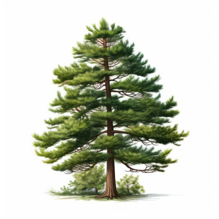 a realistic rendering of a pine tree clipart, inspired by the style of stephanie pui-mun law. this detailed and accurate illustration showcases the artist's talent for creating naturalistic plein air paintings. with a white background, the image captures the symmetrical asymmetry often seen in the works of asher brown durand. ai generatedの素材
