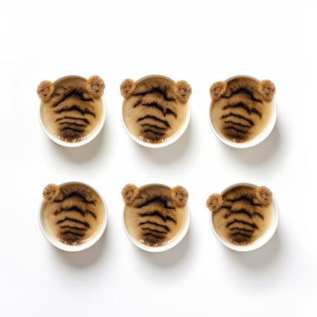 six coffee cups featuring mesmerizing images of polar bears in a hypnotic symmetrical style. the cups are creatively designed using insects, incorporating a lensbaby effect. inspired by the bengal school of art and textile installations, these cups also showcase elements of the angura kei style. the captivating images stand out against a clean white background. ai generatedの素材